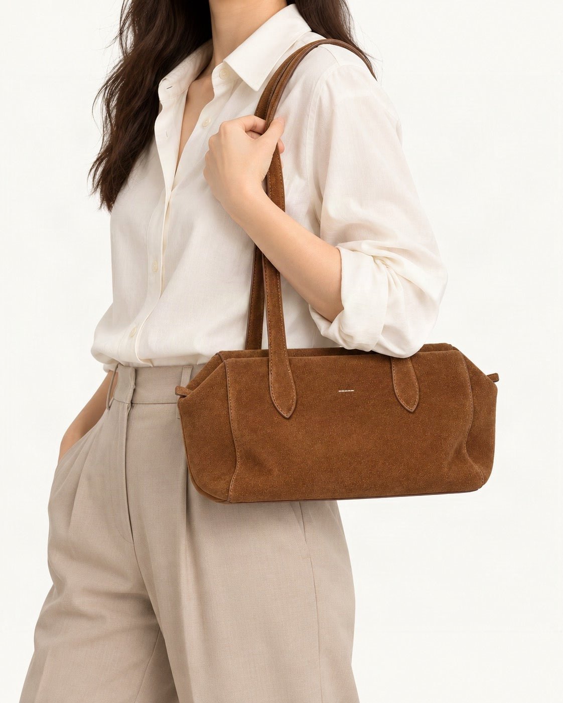 Suede Cowhide Small Plus Shoulder Tote Bag worn on the shoulder