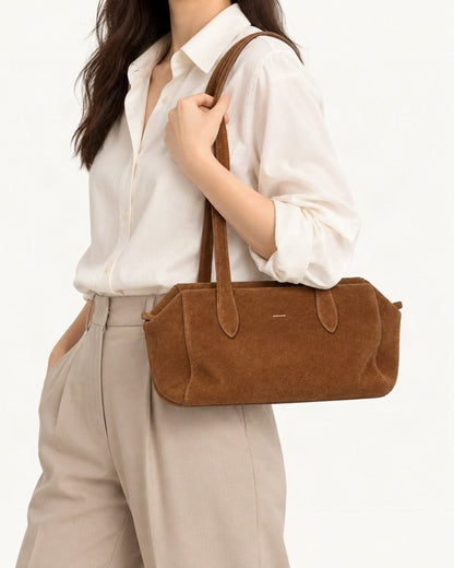 Suede Cowhide Small Plus Shoulder Tote Bag worn on the shoulder