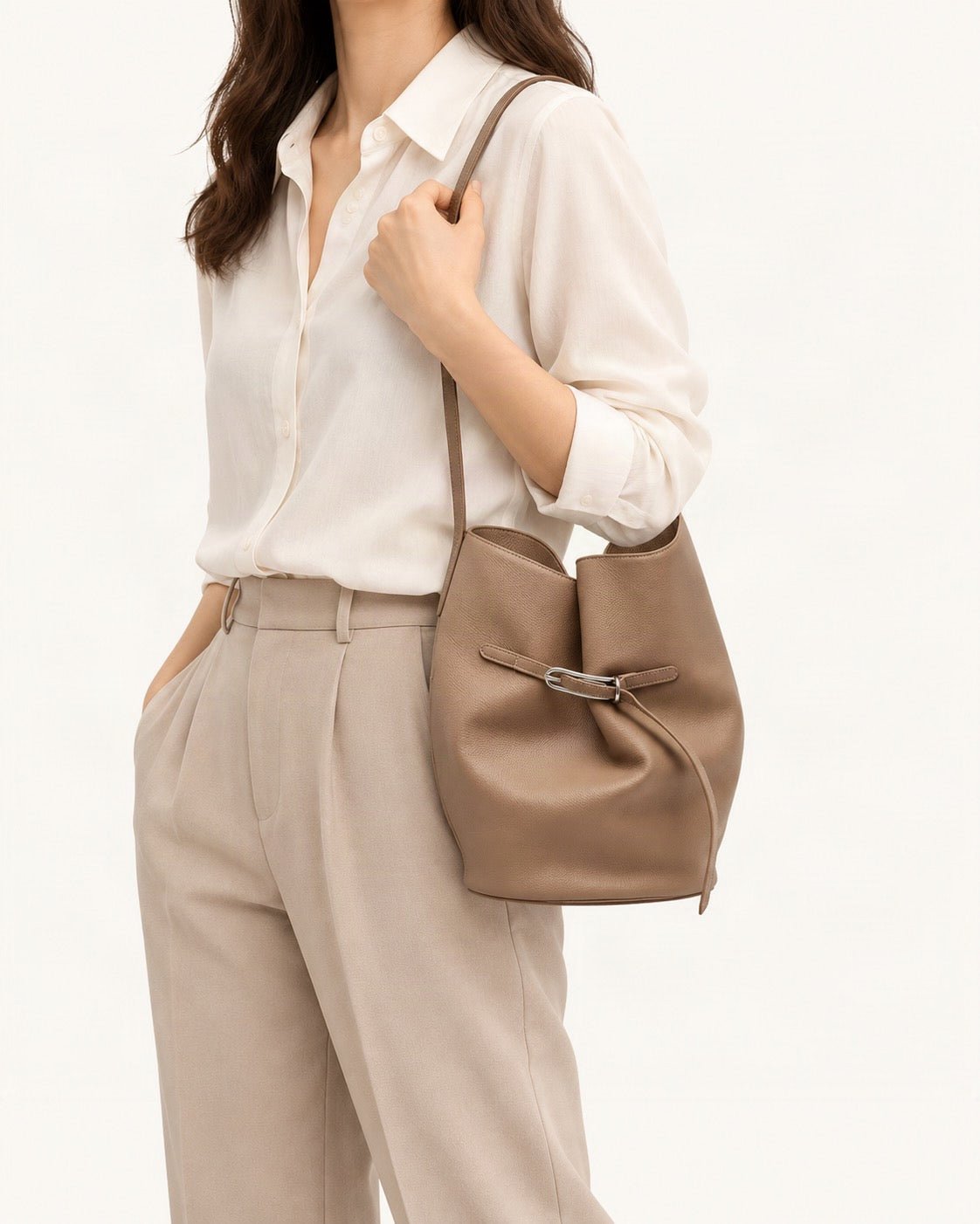 Top-Grain Cowhide Small Shoulder Tote Bag worn on the shoulder