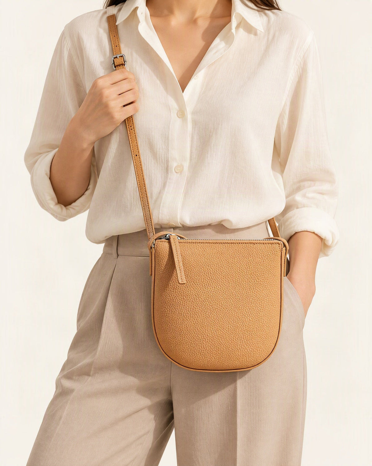 Cowhide Leather Mini Crossbody Phone Bag worn crossbody