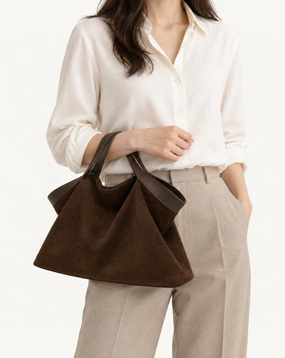 Cowhide Nubuck Leather Crossbody Tote Bag worn crossbody