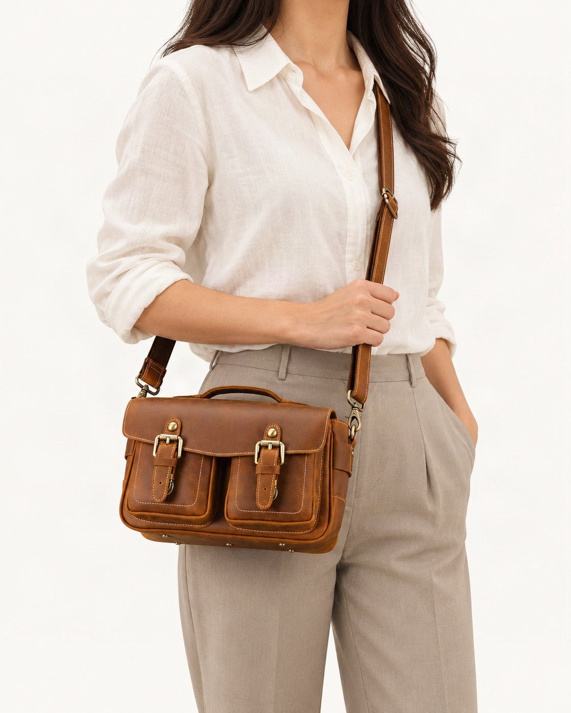 Top-Grain Cowhide Camera Crossbody Bag worn crossbody