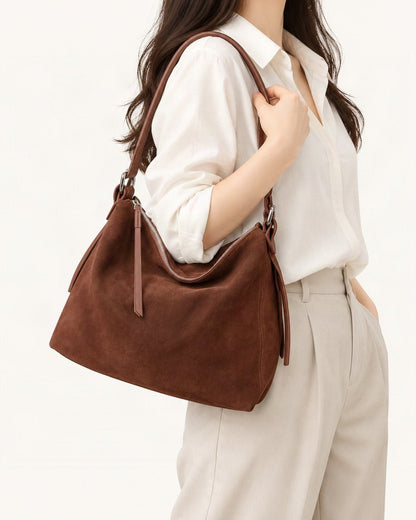 Suede Cowhide Small Plus Shoulder Tote Bag worn on the shoulder
