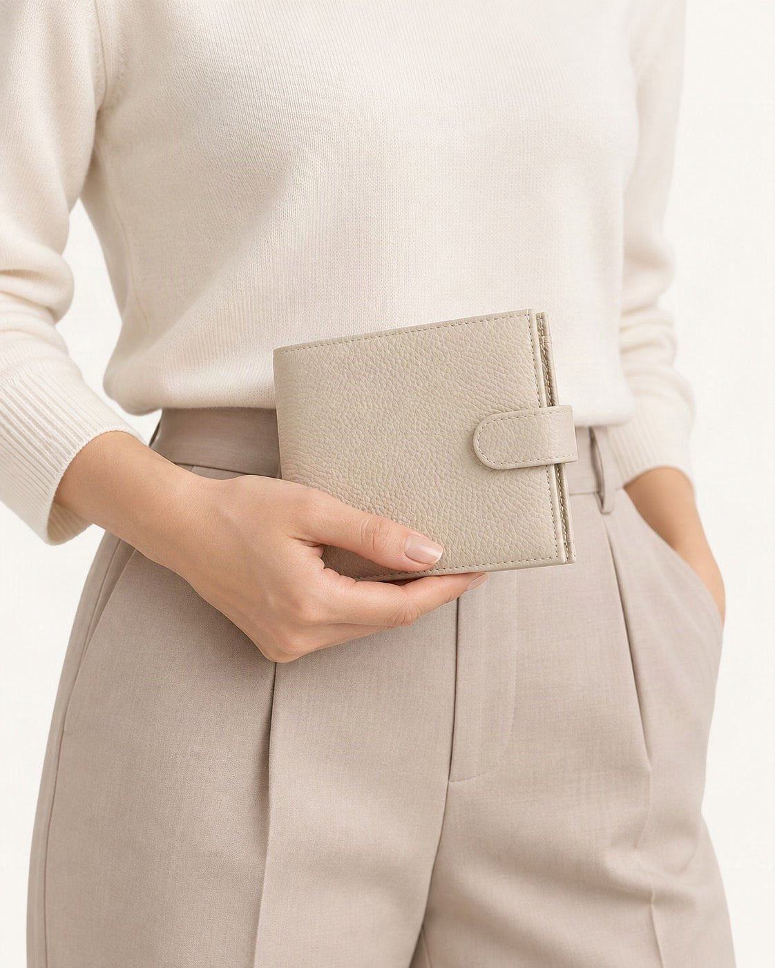 Leather Passport Holder Wallet with Pen Slot held in hand by a model