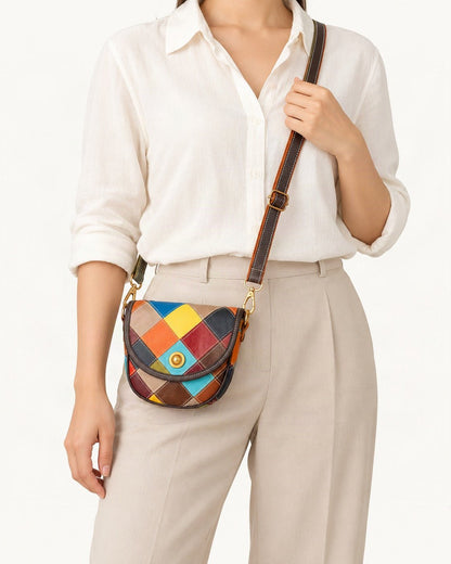 Cowhide Patchwork Crossbody Bag worn crossbody
