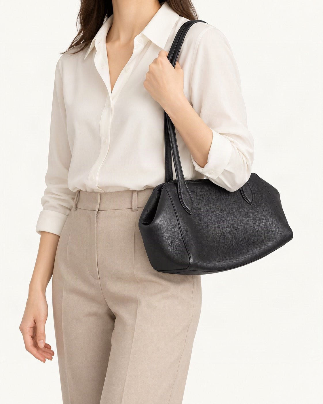 Top-Grain Cowhide Small Plus Shoulder Tote Bag worn on the shoulder