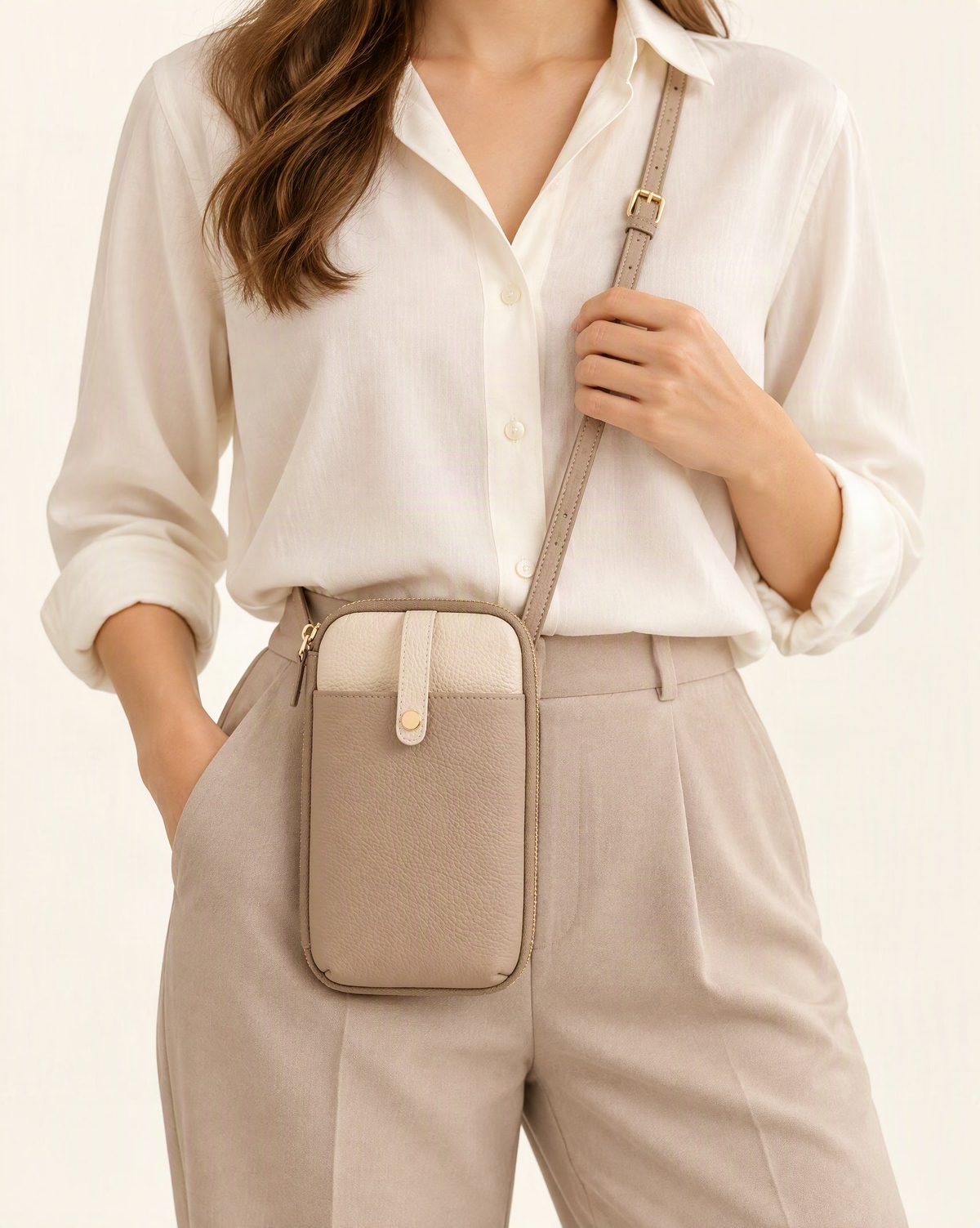 Cowhide Leather Micro Crossbody Phone Bag with Card Slots worn crossbody
