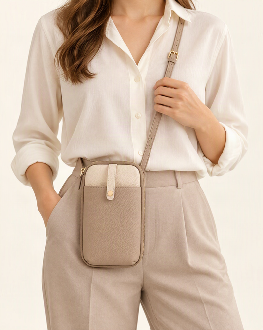 Cowhide Leather Micro Crossbody Phone Bag with Card Slots worn crossbody