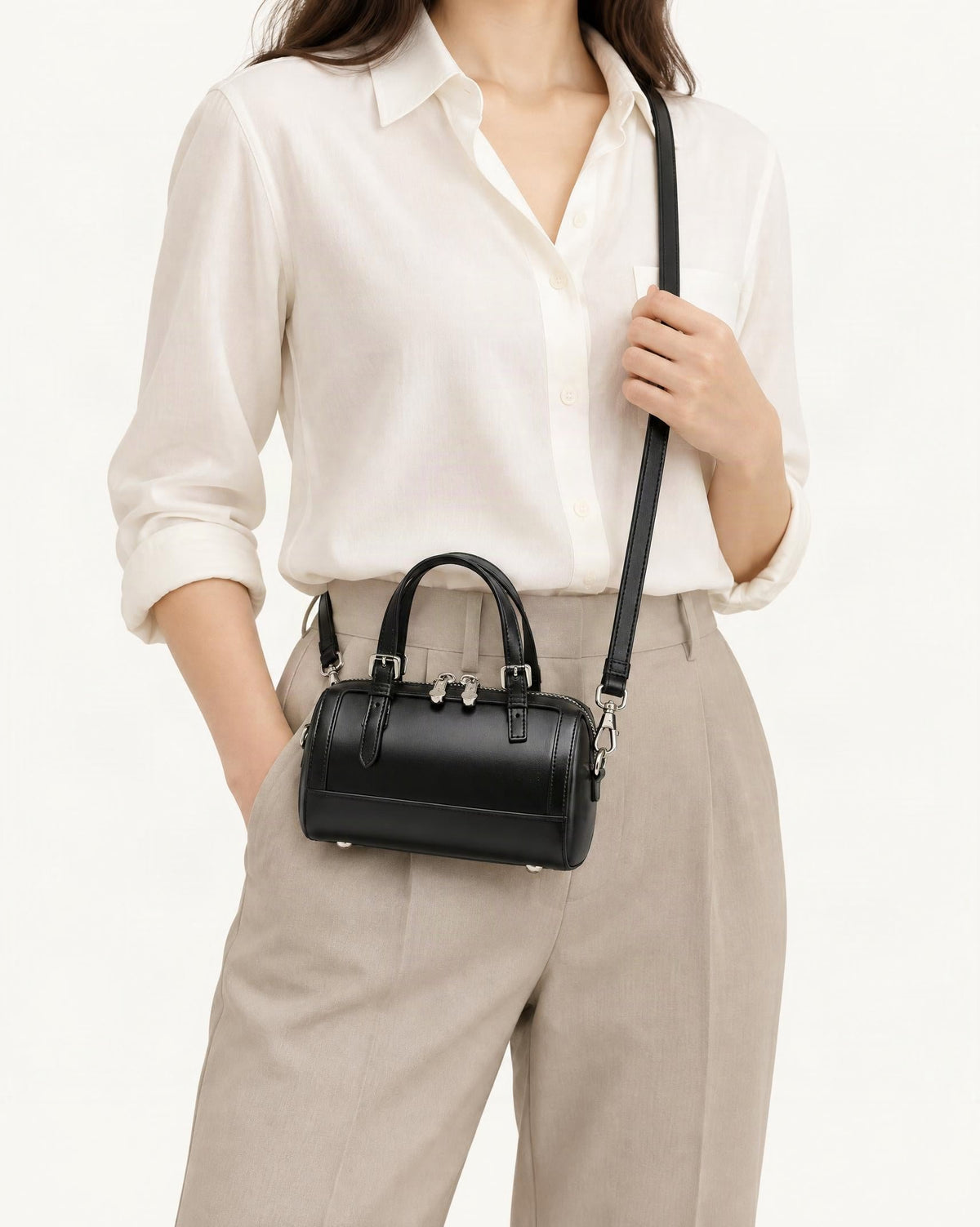 Cowhide Leather Mini Boston Bowling Bag worn crossbody
