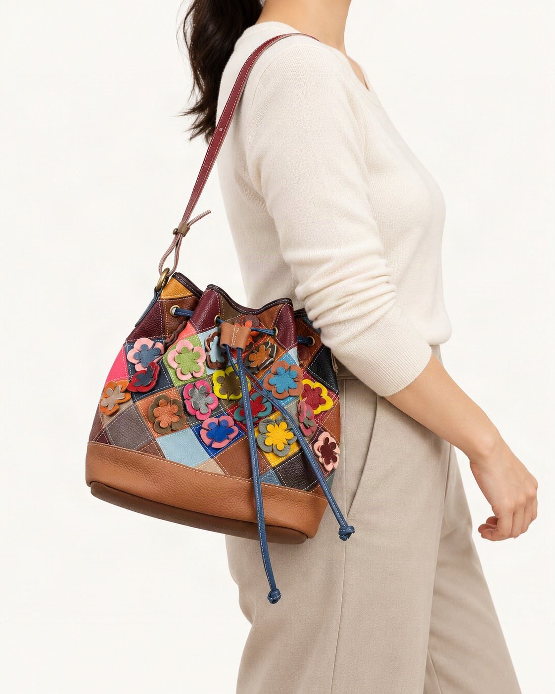 Top-Grain Cowhide Small Bucket Shoulder Bag worn crossbody