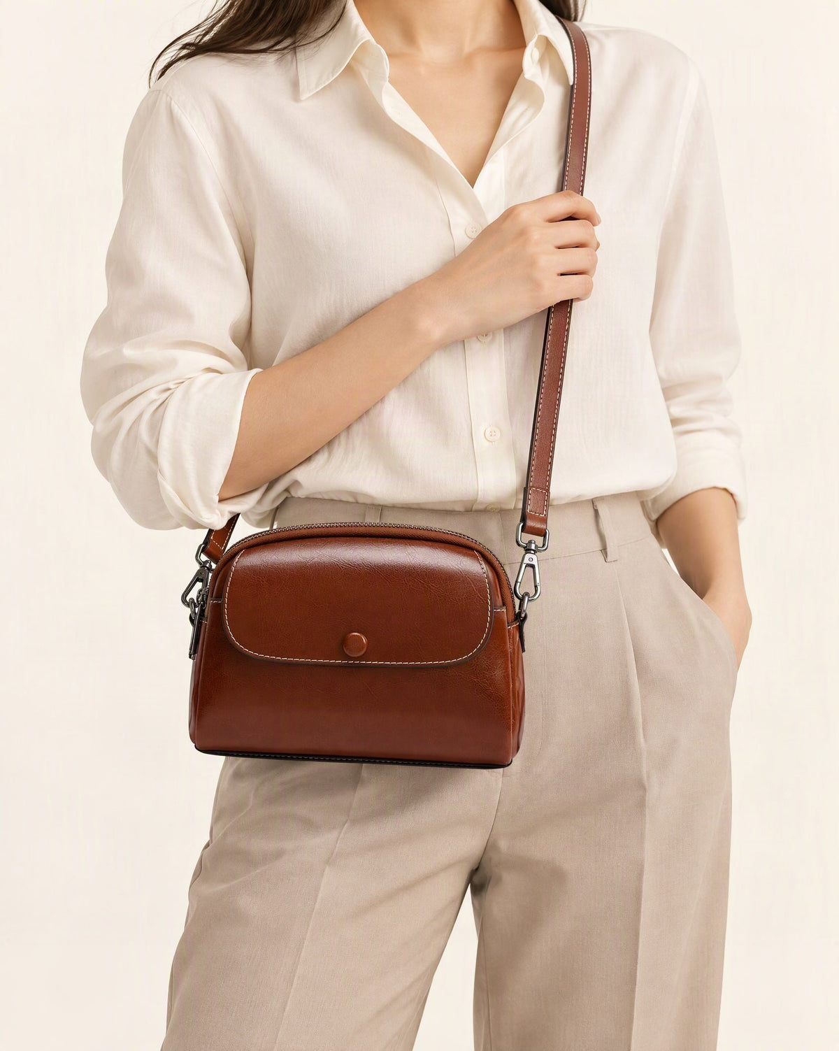 Cowhide Mini Crossbody Bag with Snap Flap, Oil-Waxed Leather worn crossbody