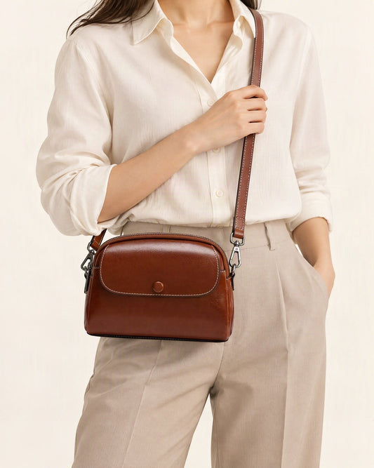 Cowhide Mini Crossbody Bag with Snap Flap, Oil-Waxed Leather worn crossbody