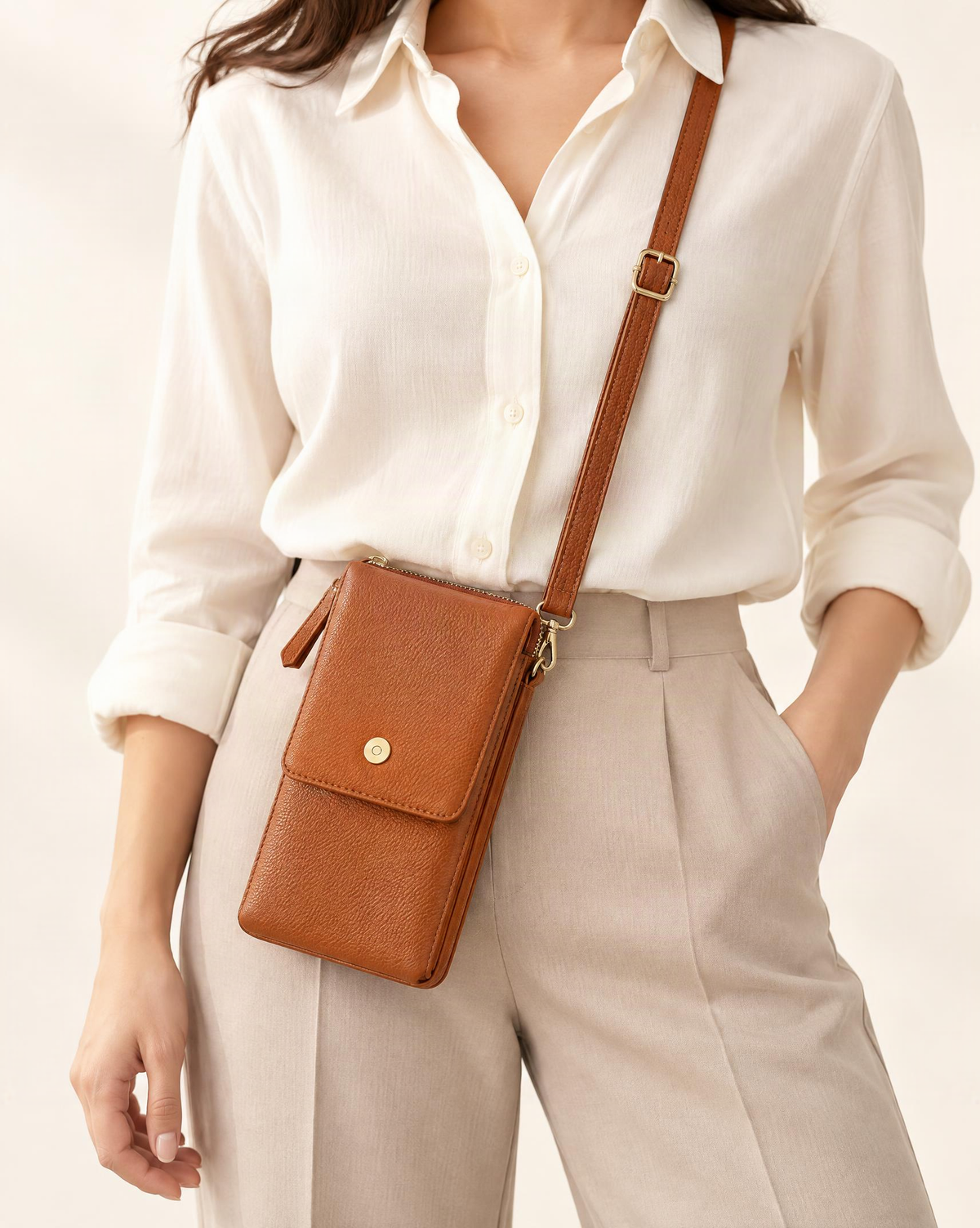 Cowhide Leather Micro Crossbody Phone Bag worn crossbody