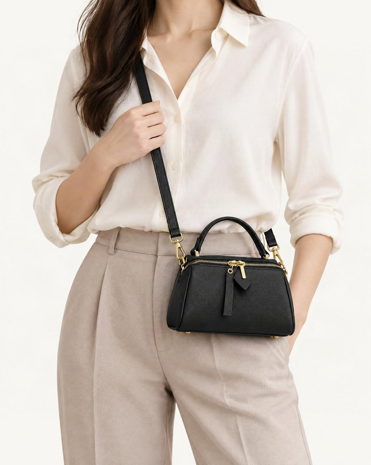 Top-Grain Cowhide Small Boston Bag worn crossbody