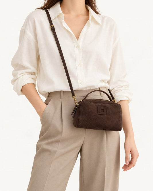 Nubuck Cowhide Small Crossbody Bag – Color Options worn crossbody
