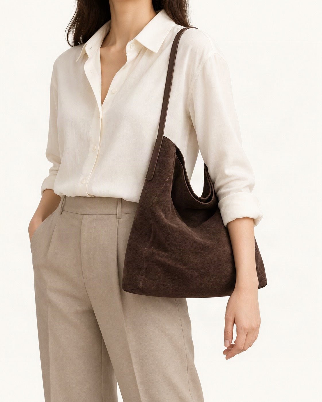 Suede Cowhide Slouchy Shoulder Tote Bag worn on the shoulder