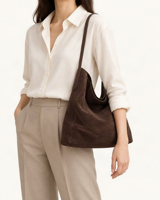 Suede Cowhide Slouchy Shoulder Tote Bag worn on the shoulder