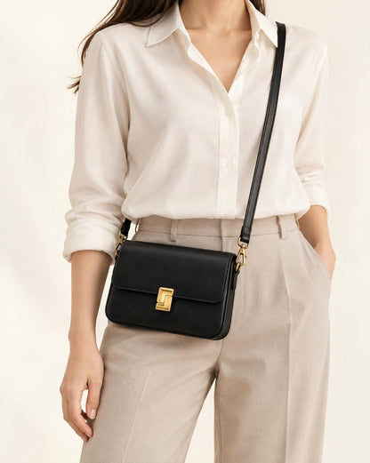 Cowhide Leather Small Crossbody Bag with Turn-Lock Closure worn crossbody