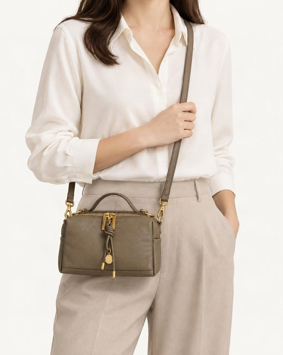 Cowhide Leather Small Crossbody Bag worn crossbody