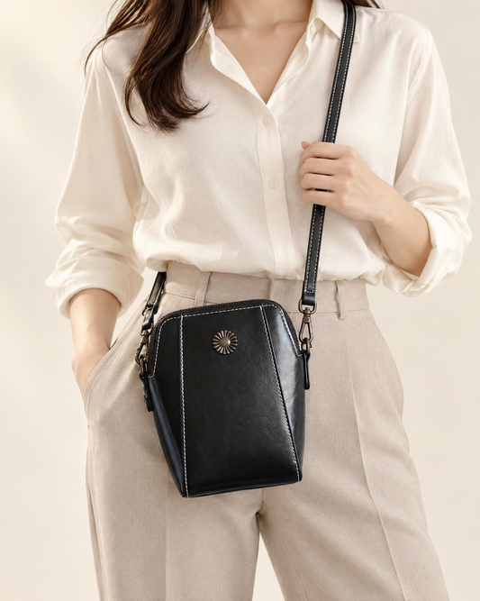 Cowhide Leather Micro Crossbody Phone Bag with Zip Closure worn crossbody