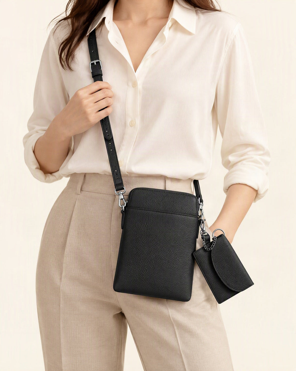 Top-Grain Cowhide Leather Mini Crossbody Phone Bag worn crossbody