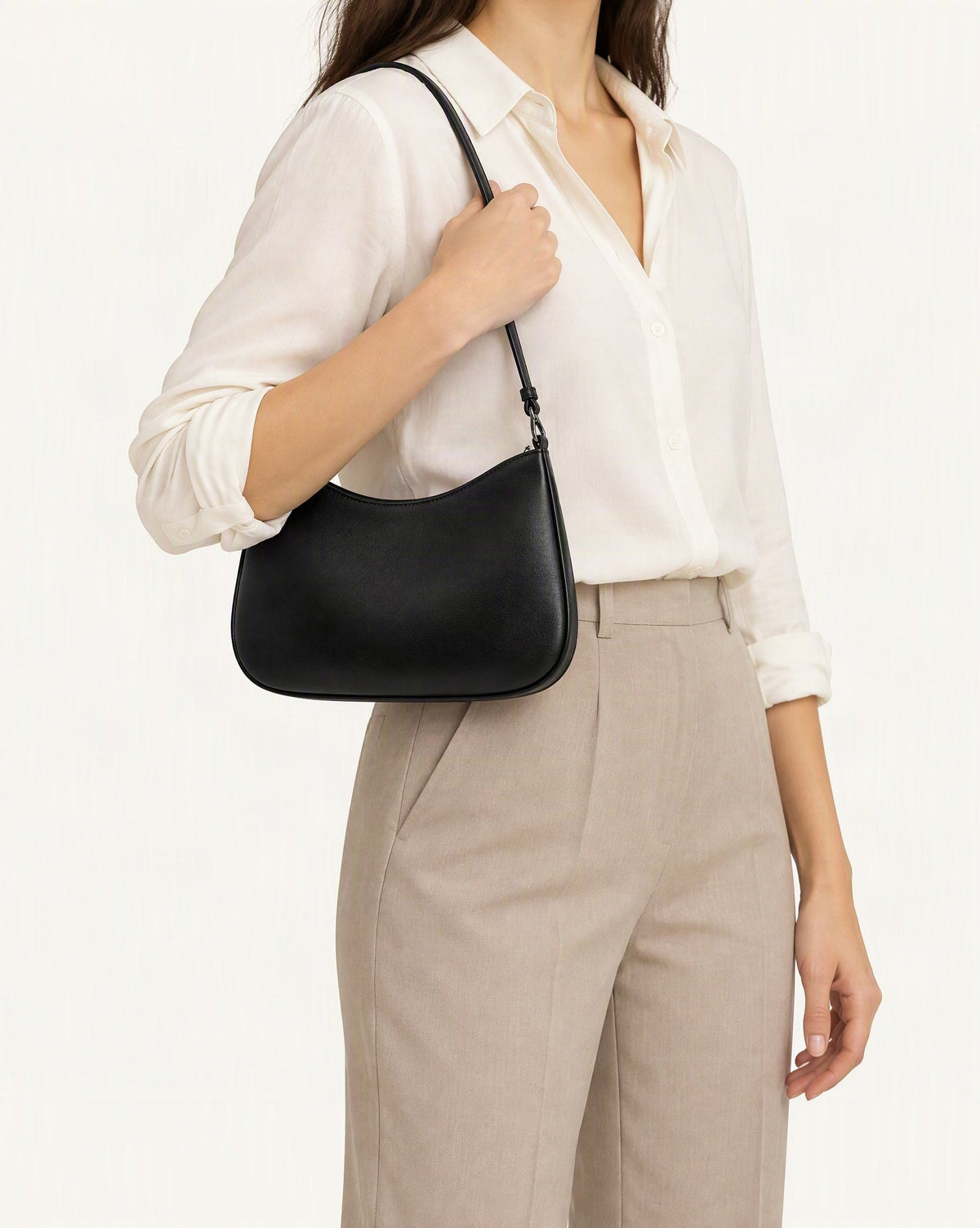 Cowhide Leather Underarm Shoulder Bag with Stitched Detail worn crossbody
