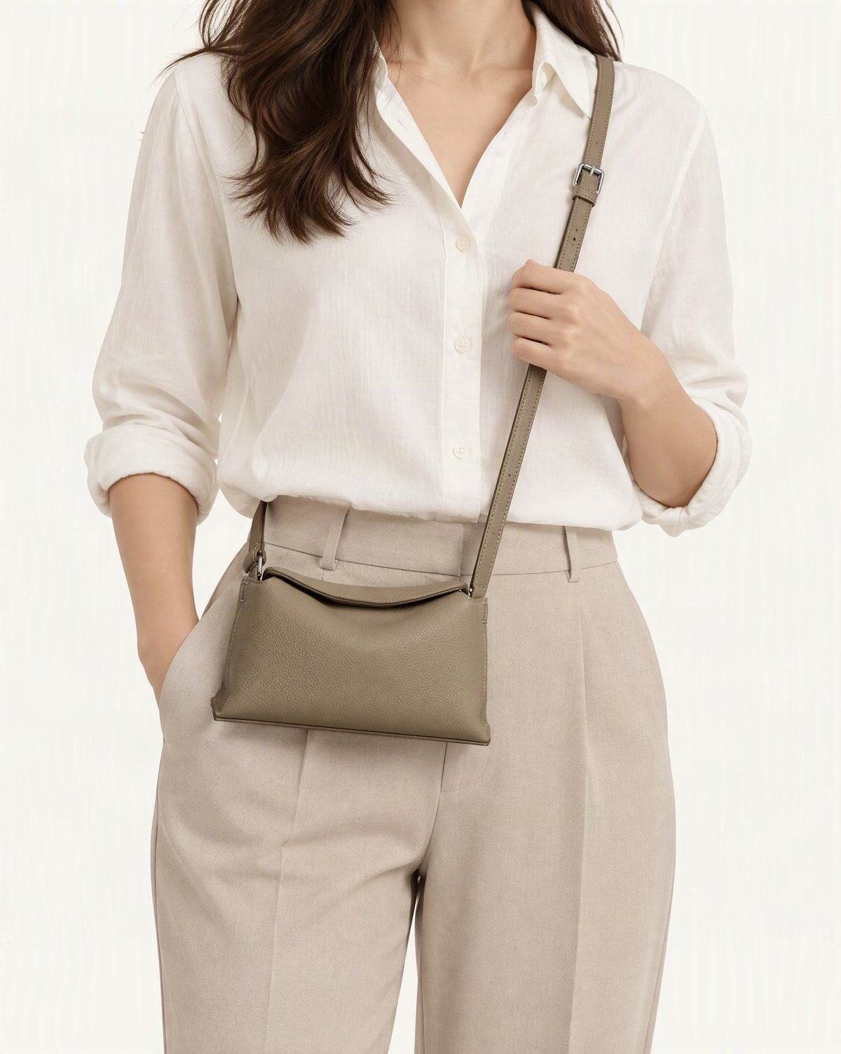 Cowhide Leather Mini Crossbody Bag – Color Options worn crossbody
