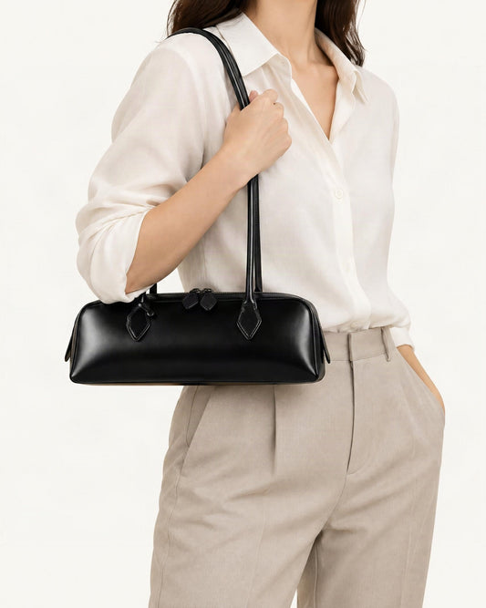 Cowhide Leather Small Plus Shoulder Baguette Bag worn crossbody