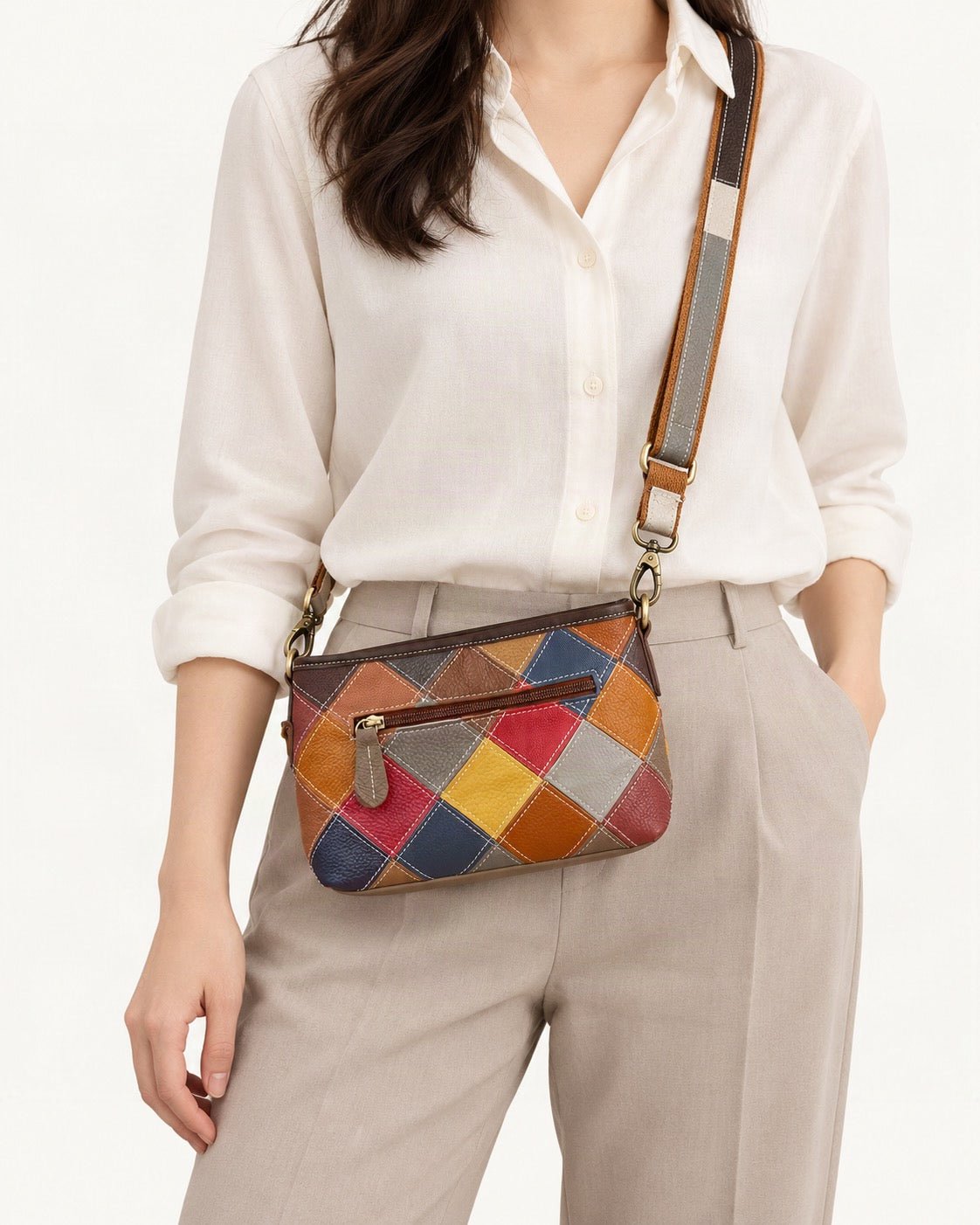 Top-Grain Cowhide Patchwork Shoulder Crossbody Bag worn crossbody