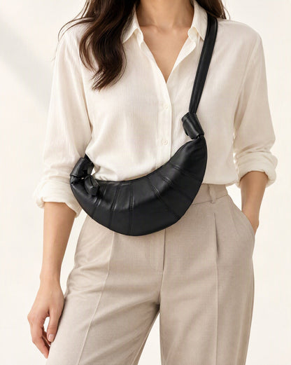 Lambskin Crescent Crossbody Bag with Knotted Strap worn crossbody