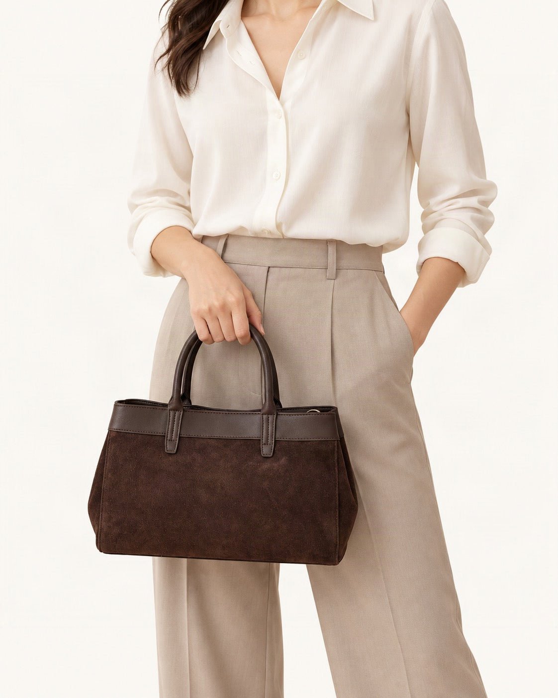 Suede Cowhide Top-Handle Shoulder Bag worn on the shoulder
