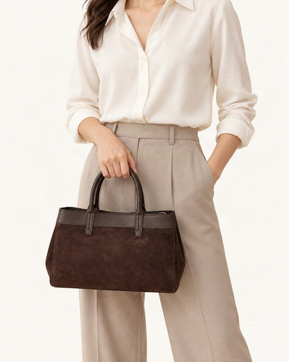 Suede Cowhide Top-Handle Shoulder Bag worn on the shoulder