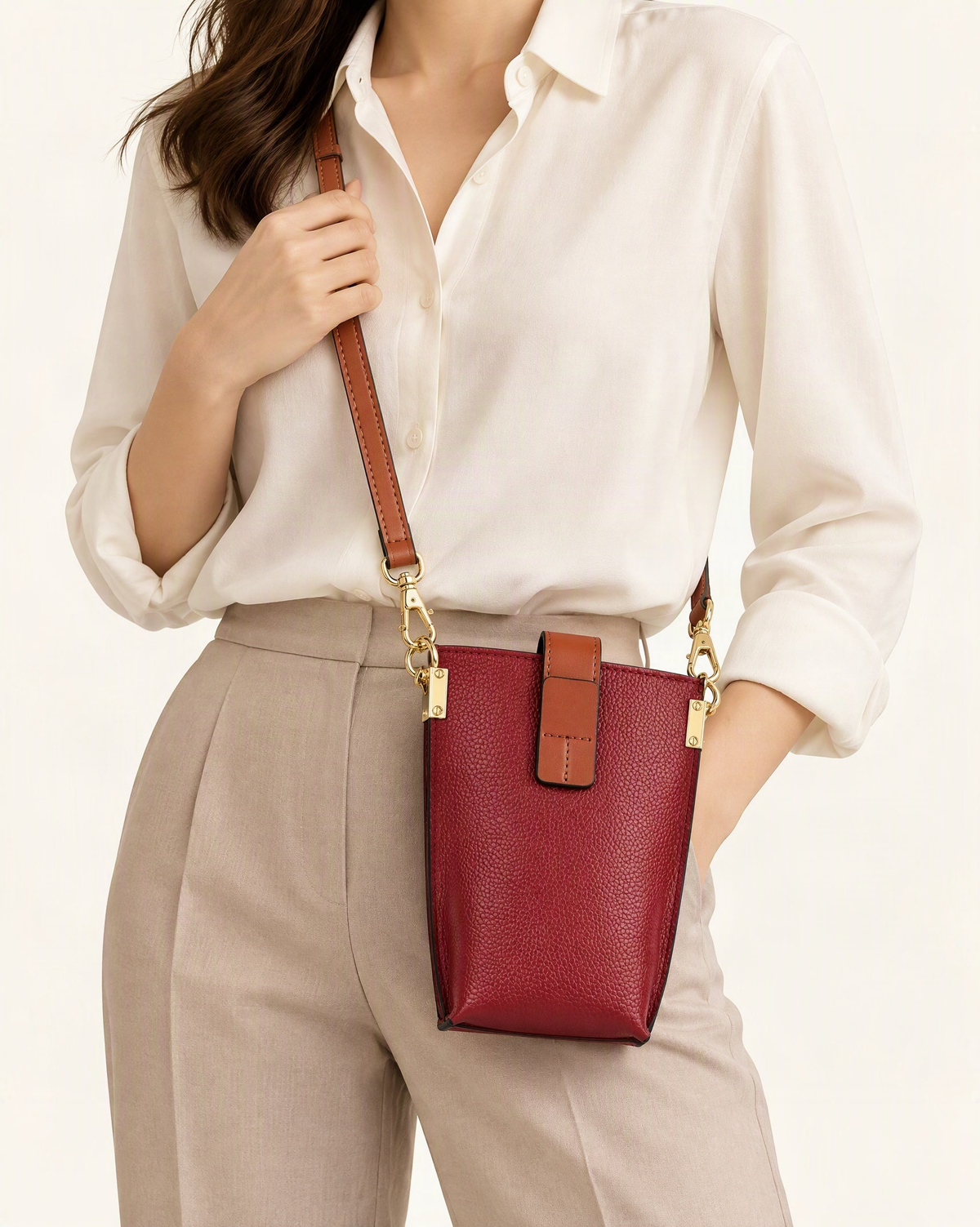 Cowhide Micro Crossbody Phone Bag worn crossbody