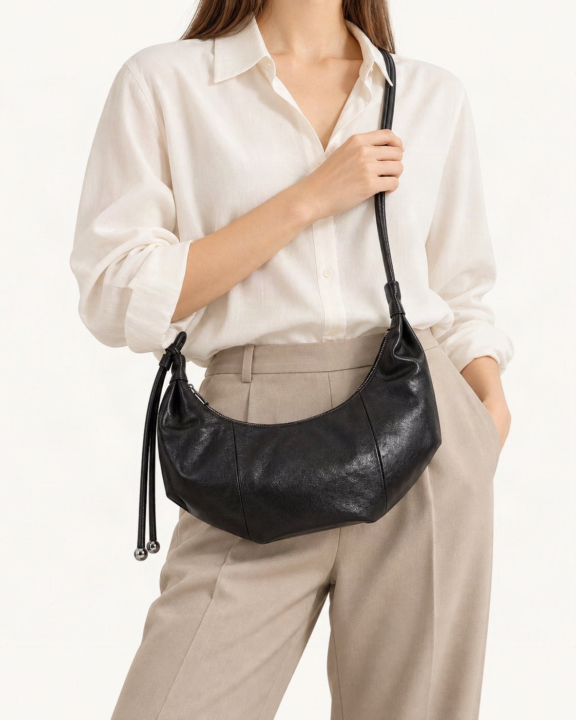 Top-Grain Cowhide Crescent Hobo Bag, Soft Crescent Crossbody worn crossbody