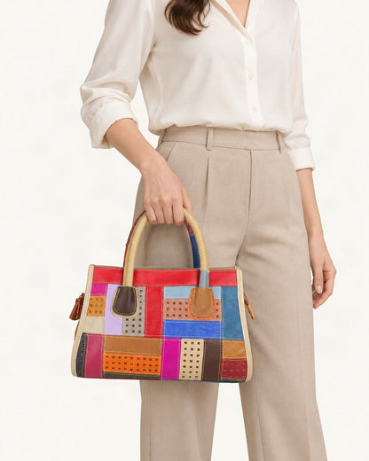 Top-Grain Cowhide Small Plus Patchwork Shoulder Bag worn crossbody