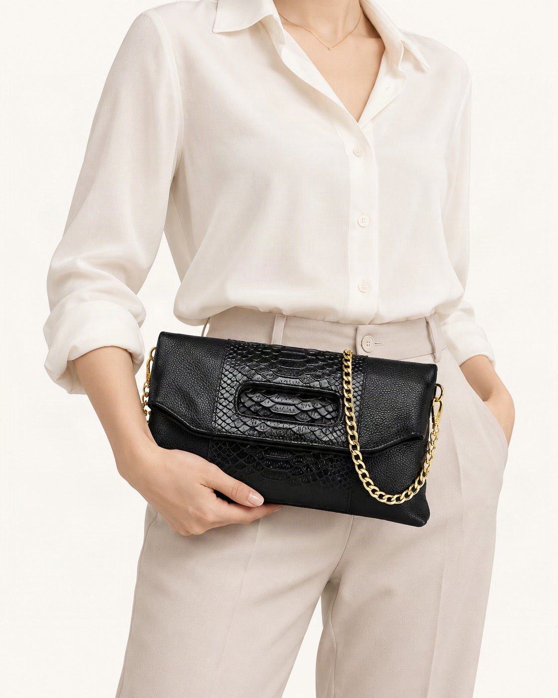 Top-Grain Cowhide Envelope Clutch worn crossbody