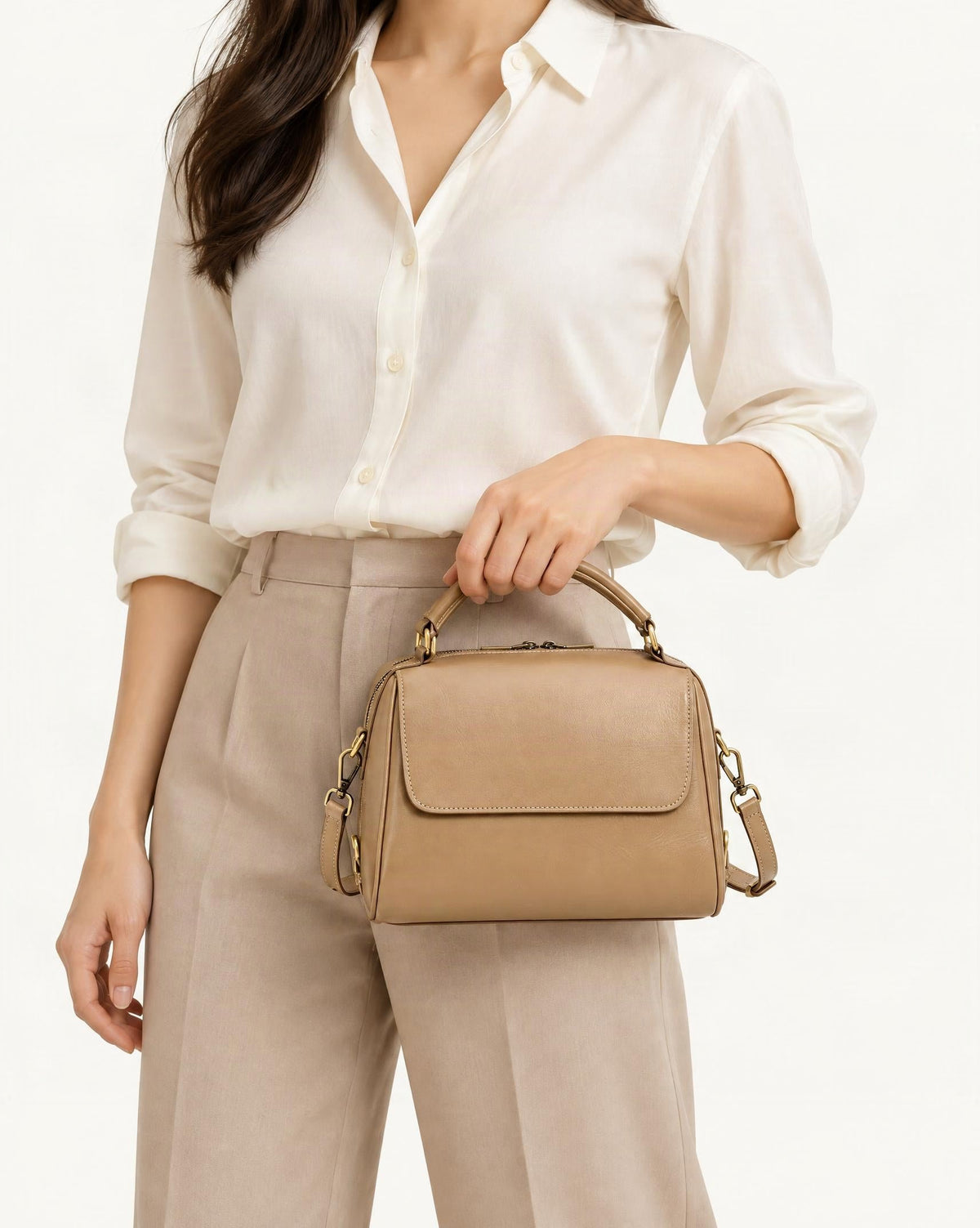 Cowhide Leather Boston Shoulder Bag worn crossbody