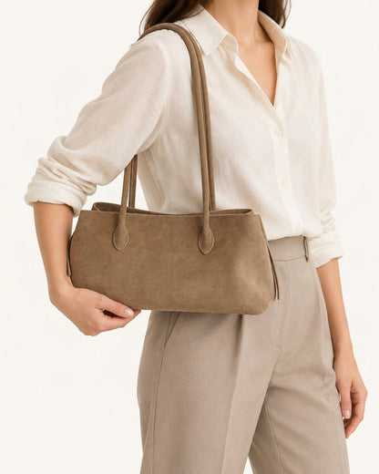 Top-Grain Nubuck Cowhide Shoulder Tote worn crossbody