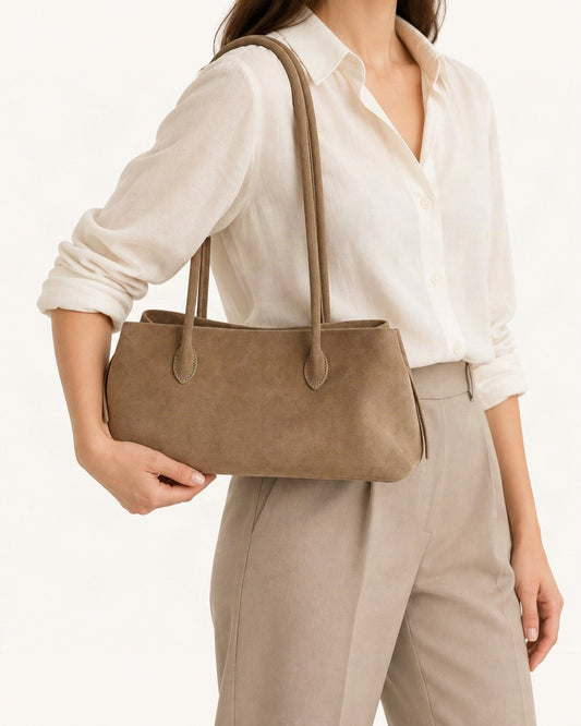 Top-Grain Nubuck Cowhide Shoulder Tote worn crossbody