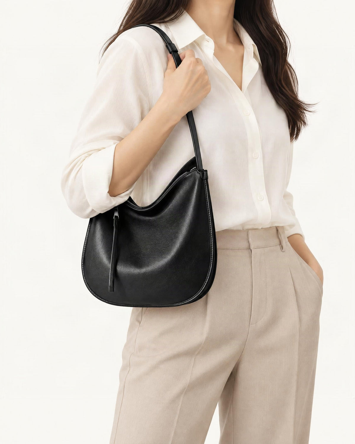 Cowhide Leather Small Plus Hobo Shoulder Bag worn crossbody