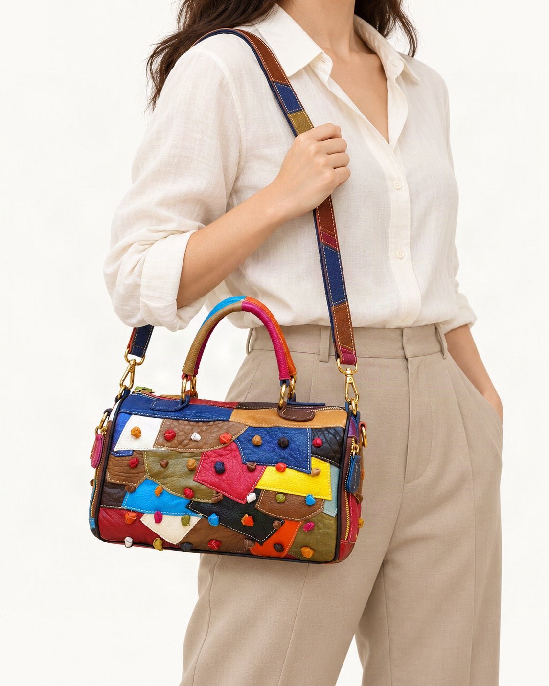 Top-Grain Cowhide Small Plus Boston Bag worn crossbody