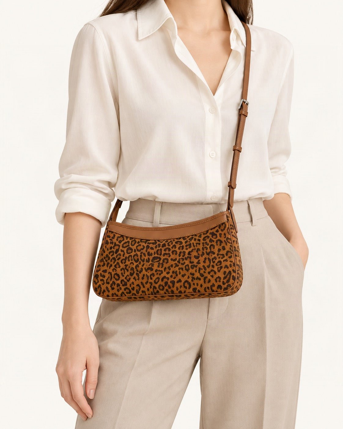 Suede and Cowhide Small Crossbody Bag worn crossbody