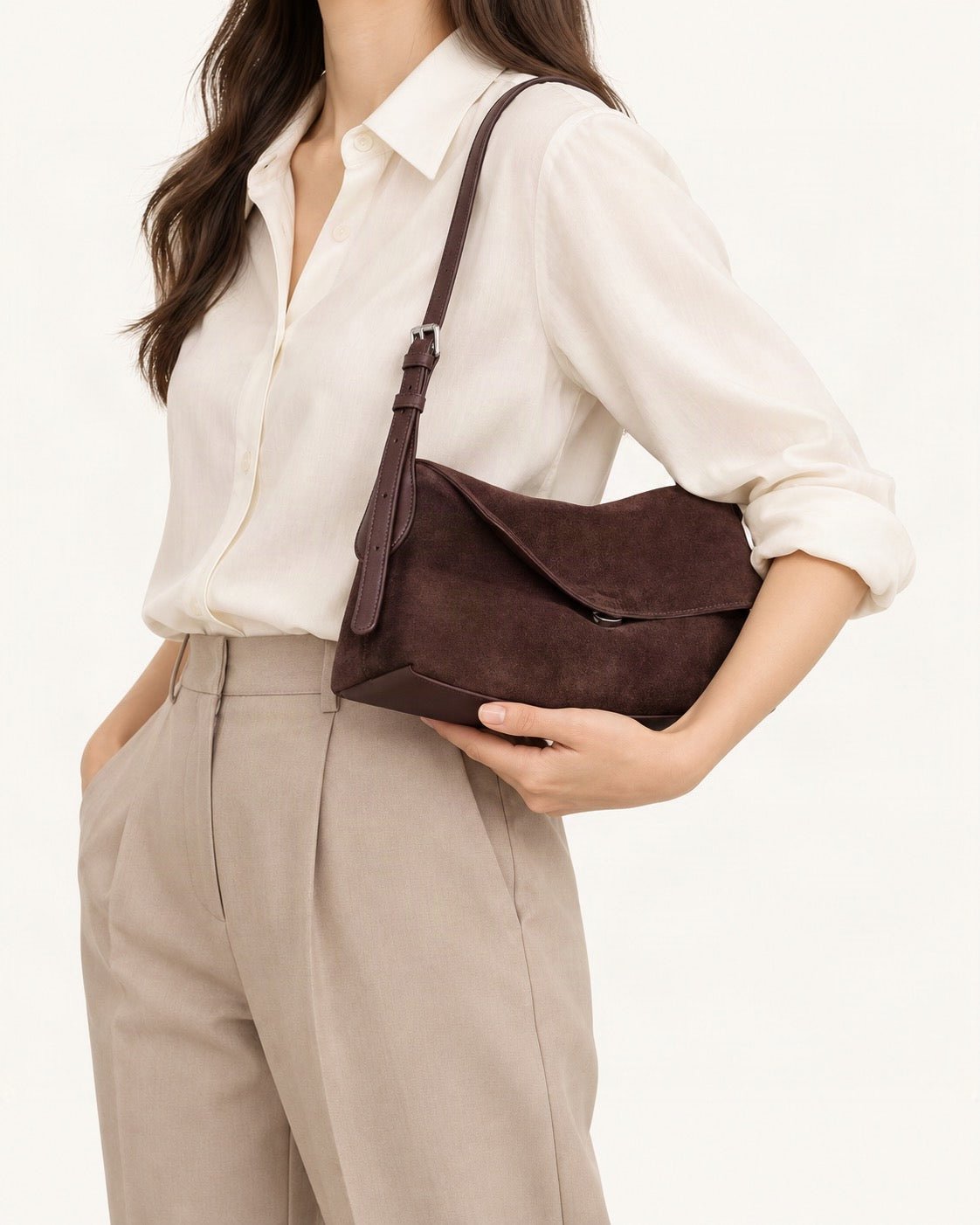 Suede Leather Small Plus Shoulder Bag – Color Options worn on the shoulder