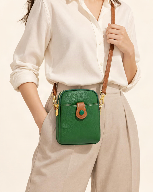 Cowhide Micro Crossbody Phone Bag with Detachable Strap worn crossbody