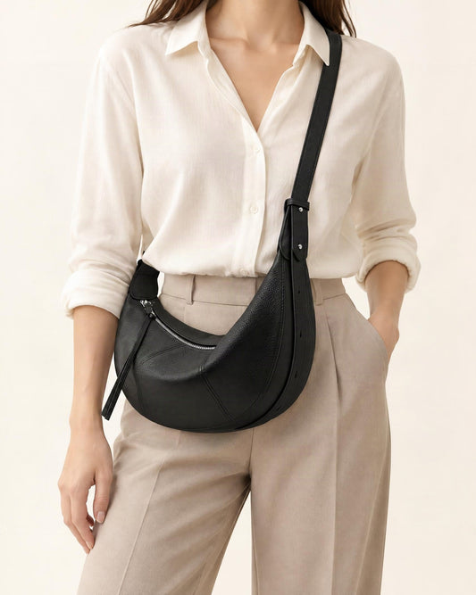 Cowhide Leather Crescent Hobo Crossbody Bag worn crossbody