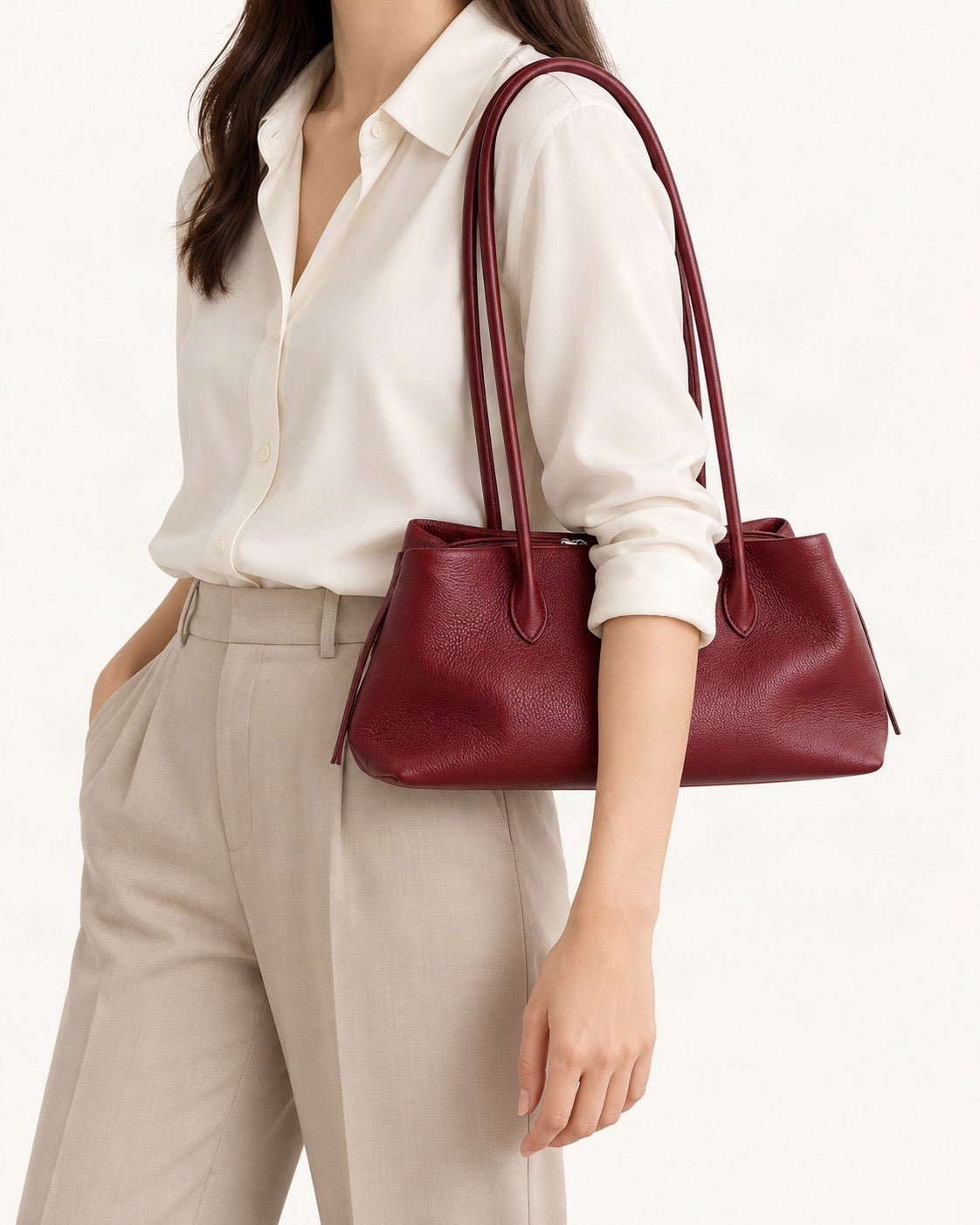 Top-Grain Cowhide Shoulder Tote worn on the shoulder