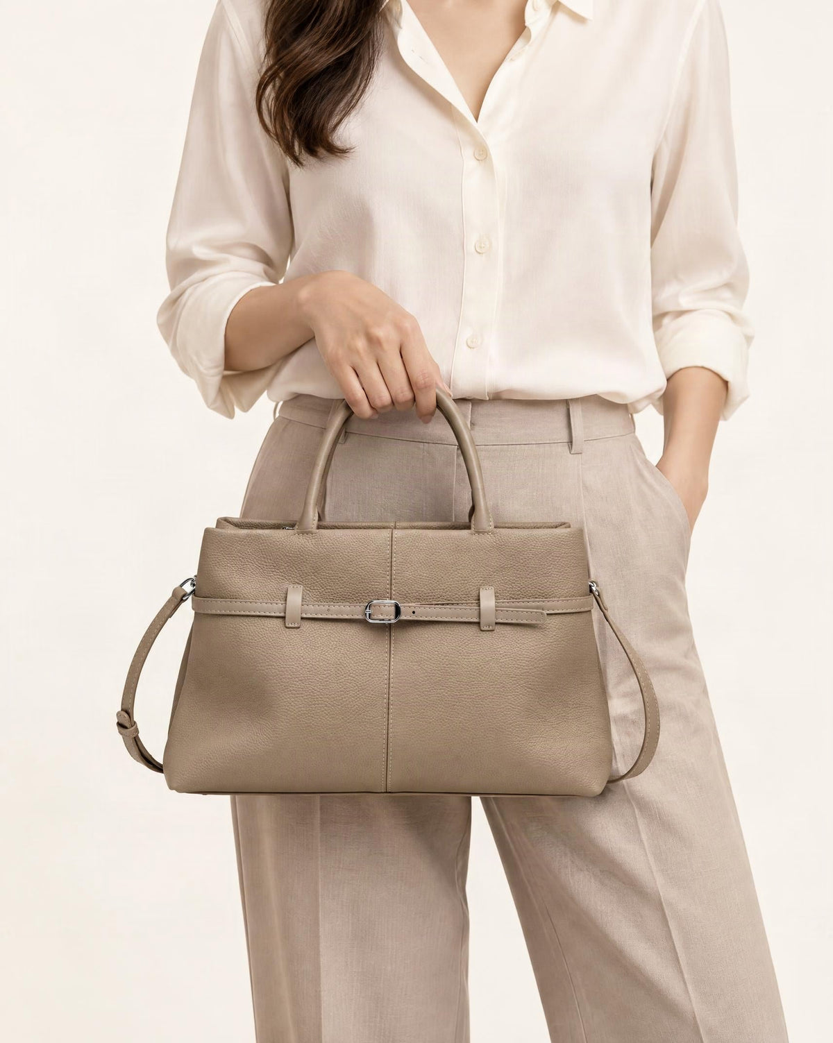 Cowhide Leather Small Tote Bag with Adjustable Strap worn crossbody