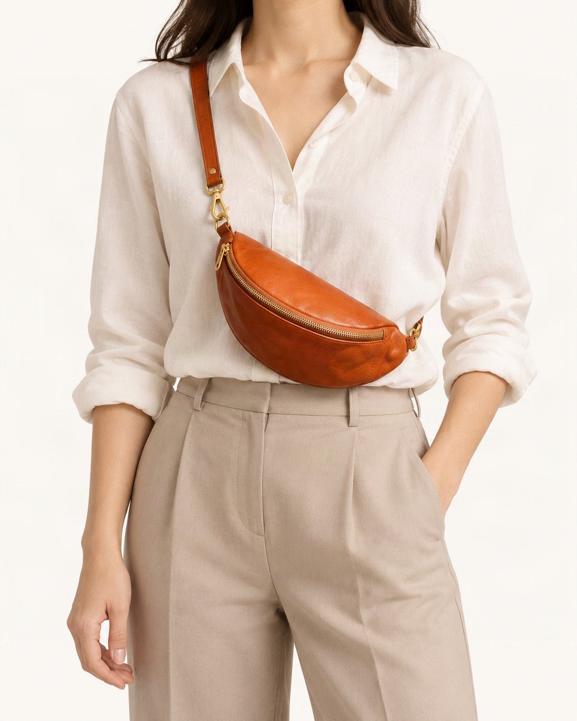 Top-Grain Cowhide Leather Crossbody Sling Bag worn crossbody