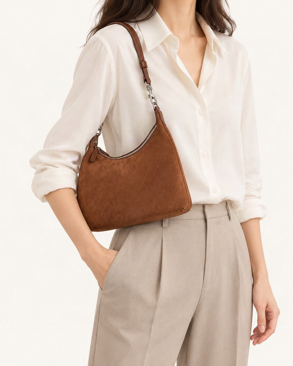 Cowhide Suede-Panel Shoulder Bag worn on the shoulder
