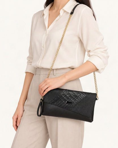 Top-Grain Cowhide Crossbody Clutch worn crossbody